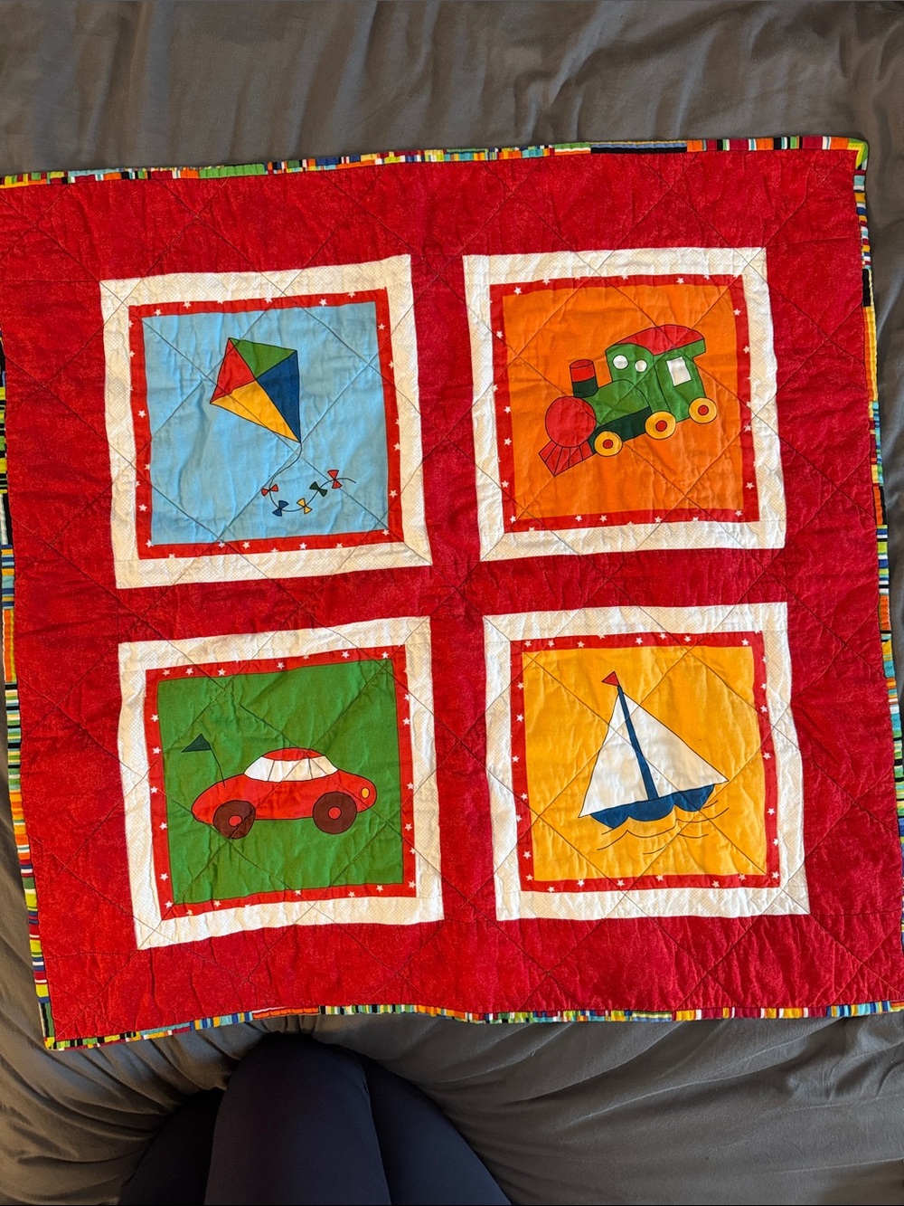 Kids Red Patchwork Play Quilt with Colorful Vehicle and Toy Motifs 29.5”x29.5”